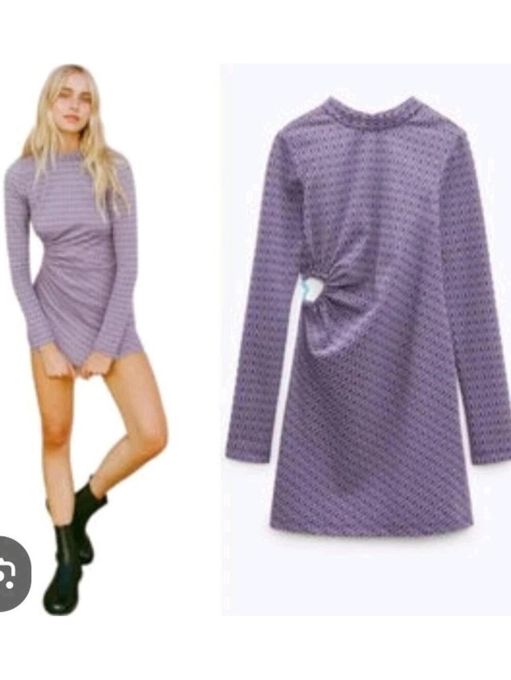 ZARA Retro Dress Purple Open Back Heart GEO L Long Sleeve Groovy Mock #R1